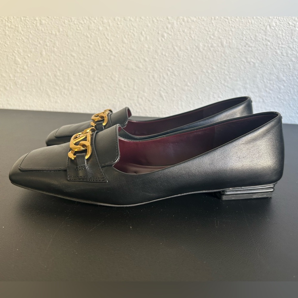FRANCO SARTO Size 8 Black Leather Loafers GOLD CHAIN SQUARE TOE - Picture 2 of 6